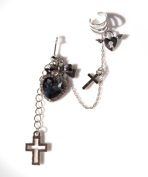 イヤーカフ付ハート十字架ピアス（ピアス（両耳用））｜Diable