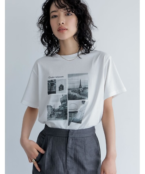 tシャツ 2WAYリーフフォトプリントレイヤードTシャツ レディース Mili affinity tシャツ フォトプリントオーバーサイズショート