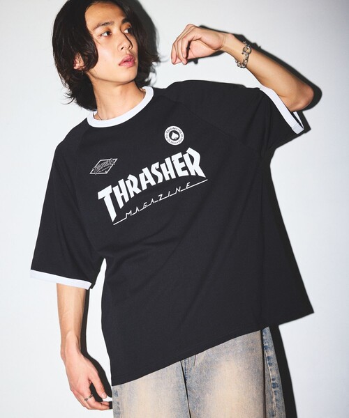 FREAK'S STORE(フリークスストア)の「限定展開 THRASHER×FREAK'S STORE/スラッシャー 別注 ビッグシルエット サッカーシャツ クルーネック プリントTシャツ/リンガーTシャツ(Tシャツ/カットソー・メンズ・ホワイト/ホワイト×ブラック/ブラック/ブラック×ホワイト・SMALL/MEDIUM/LARGE)」の13枚目の写真