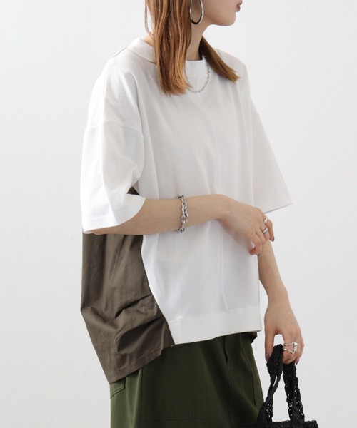 Arinomama(アリノママ)の「Arinomama 異素材ドッキングトップス(Tシャツ/カットソー・レディース・ホワイト/ブラック×グレー/ダークカーキ・FREE)」の3枚目の写真