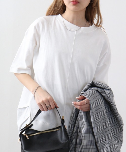 Arinomama(アリノママ)の「Arinomama 異素材ドッキングトップス(Tシャツ/カットソー・レディース・ホワイト/ブラック×グレー/ダークカーキ・FREE)」の2枚目の写真