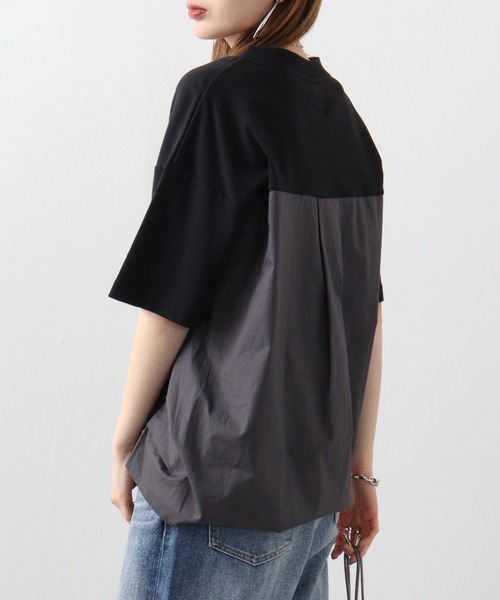 Arinomama(アリノママ)の「Arinomama 異素材ドッキングトップス(Tシャツ/カットソー・レディース・ホワイト/ブラック×グレー/ダークカーキ・FREE)」の5枚目の写真