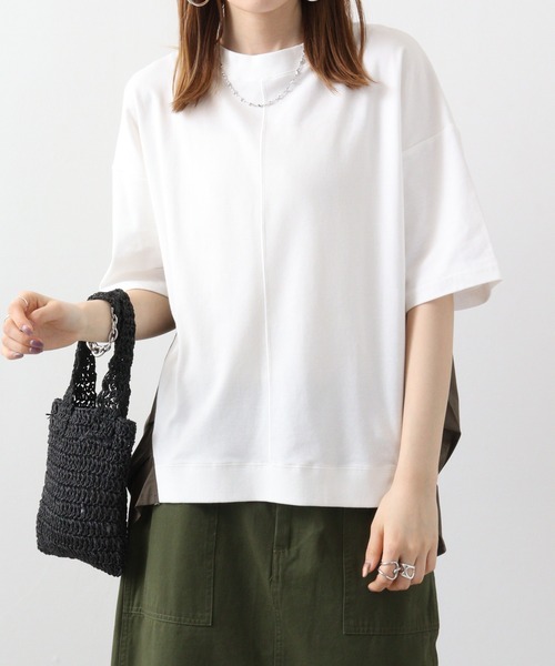 Arinomama(アリノママ)の「Arinomama 異素材ドッキングトップス(Tシャツ/カットソー・レディース・ホワイト/ブラック×グレー/ダークカーキ・FREE)」の9枚目の写真