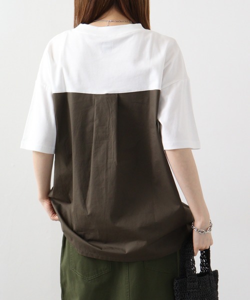 Arinomama(アリノママ)の「Arinomama 異素材ドッキングトップス(Tシャツ/カットソー・レディース・ホワイト/ブラック×グレー/ダークカーキ・FREE)」の11枚目の写真
