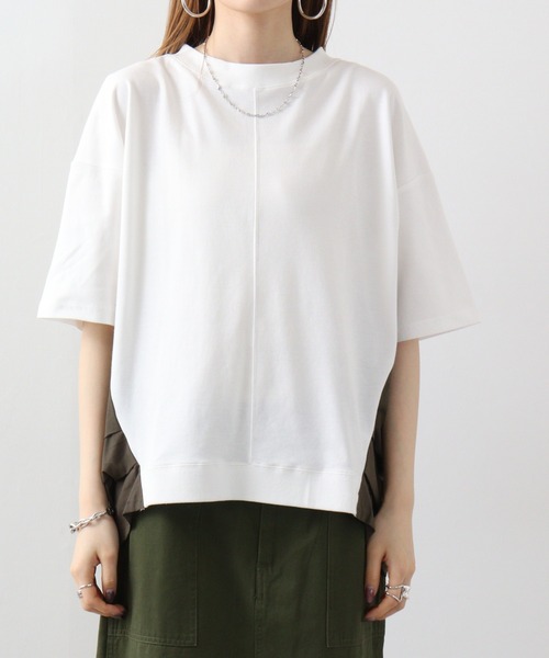 Arinomama(アリノママ)の「Arinomama 異素材ドッキングトップス(Tシャツ/カットソー・レディース・ホワイト/ブラック×グレー/ダークカーキ・FREE)」の13枚目の写真