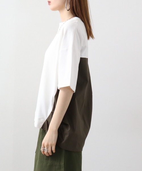 Arinomama(アリノママ)の「Arinomama 異素材ドッキングトップス(Tシャツ/カットソー・レディース・ホワイト/ブラック×グレー/ダークカーキ・FREE)」の14枚目の写真
