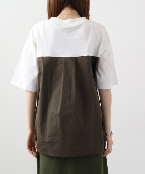 Arinomama(アリノママ)の「Arinomama 異素材ドッキングトップス(Tシャツ/カットソー・レディース・ホワイト/ブラック×グレー/ダークカーキ・FREE)」の15枚目の写真