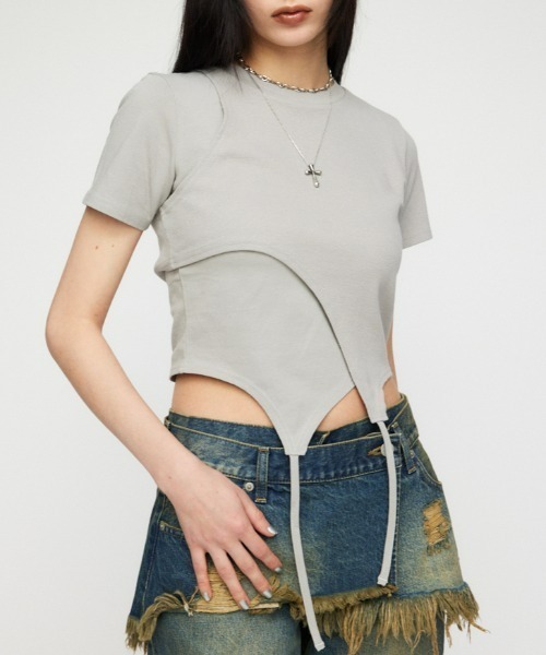 LAGUA GEM(ラグアジェム)の「RIB DOCKING TIE トップス(Tシャツ/カットソー・レディース・ホワイト/ライトグレー/ターコイズブルー・FREE)」の3枚目の写真