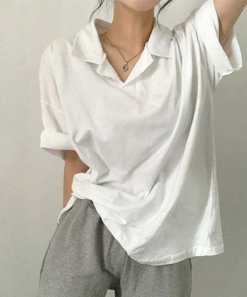 BEIDELLI（ベイデリー）の「[BELLIDE MADE] ポロカラーオーバーフィット半袖Tシャツ（Tシャツ/カットソー・レディース・ホワイト/ブラック/グレー・FREE）」の4枚目の写真
