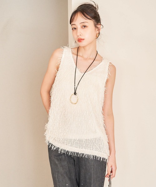 VIS（ビス）の「フリンジノースリーブトップス（タンクトップ・レディース・ライトグレー/キナリ/ミント・FREE）」の2枚目の写真
