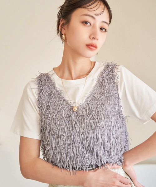 VIS（ビス）の「フリンジノースリーブトップス（タンクトップ・レディース・ライトグレー/キナリ/ミント・FREE）」の3枚目の写真