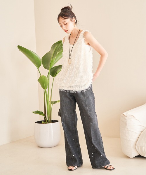 VIS（ビス）の「フリンジノースリーブトップス（タンクトップ・レディース・ライトグレー/キナリ/ミント・FREE）」の16枚目の写真