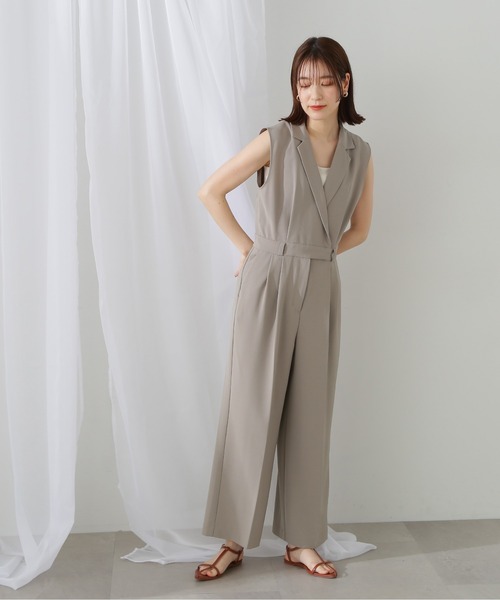 ✨希少カラー 美品✨ナチュラルビューティーベーシック パンツスーツ ノーカラー セール】【PS/低身長サイズ】テーラードジャンプスーツ（つなぎ