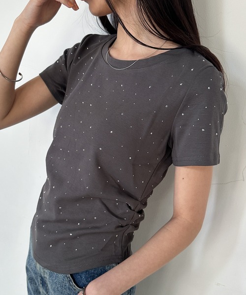 セール】ラインストーンサイドシャーリングTシャツ（Tシャツ