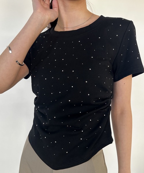 solleim(ソルレム)の「ラインストーンサイドシャーリングTシャツ(Tシャツ/カットソー・レディース・オフホワイト/グレー/ブラック・M/L)」の9枚目の写真
