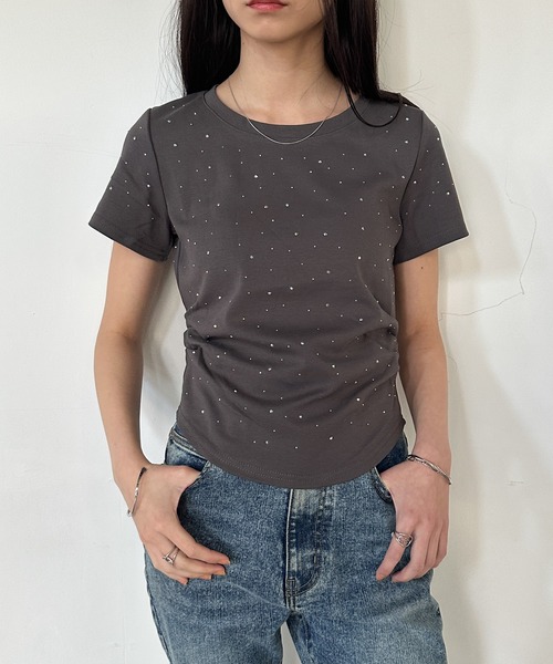 solleim(ソルレム)の「ラインストーンサイドシャーリングTシャツ(Tシャツ/カットソー・レディース・オフホワイト/グレー/ブラック・M/L)」の13枚目の写真