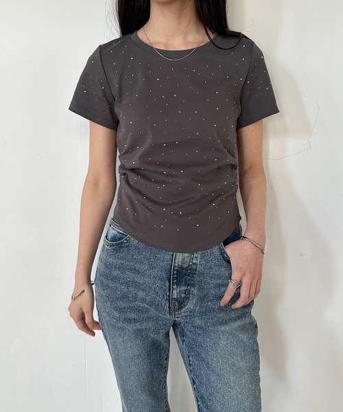 solleim(ソルレム)の「ラインストーンサイドシャーリングTシャツ(Tシャツ/カットソー・レディース・オフホワイト/グレー/ブラック・M/L)」の14枚目の写真