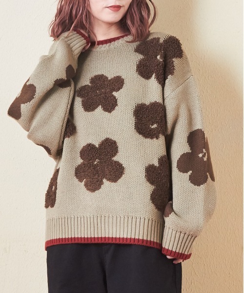 CUBE SUGAR（キューブシュガー）の「ループジャガードモチーフ柄プルオーバーニット（ニット/セーター・レディース・ネイビー/オレンジ/カーキ・M）」の2枚目の写真