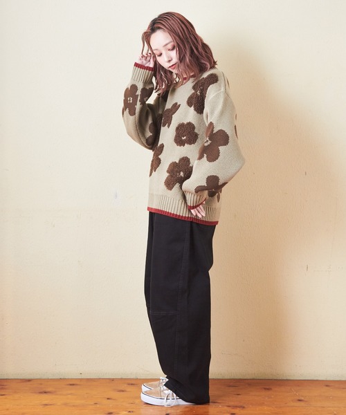 CUBE SUGAR（キューブシュガー）の「ループジャガードモチーフ柄プルオーバーニット（ニット/セーター・レディース・ネイビー/オレンジ/カーキ・M）」の8枚目の写真