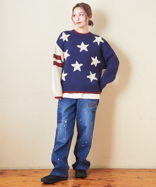 CUBE SUGAR（キューブシュガー）の「ループジャガードモチーフ柄プルオーバーニット（ニット/セーター・レディース・ネイビー/オレンジ/カーキ・M）」の11枚目の写真