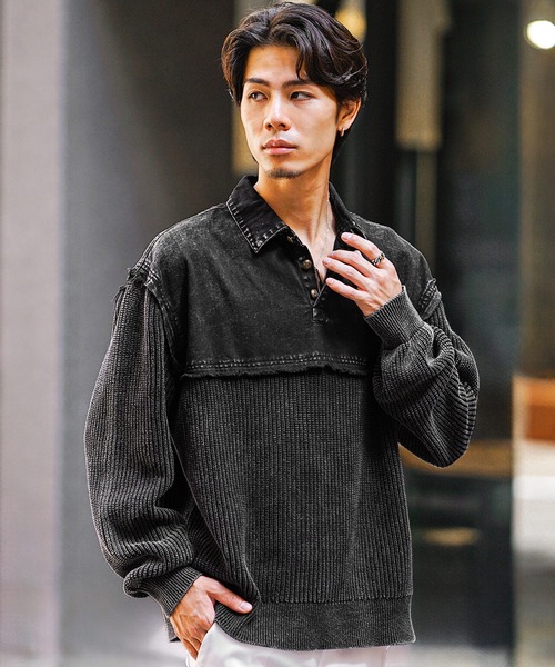 SOMEDIFF】硫化染めポロニット メンズ ポロシャツ ニットセーター