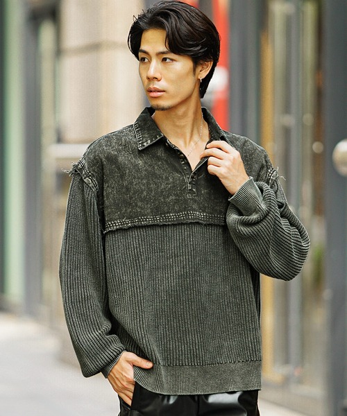 SOMEDIFF】硫化染めポロニット メンズ ポロシャツ ニットセーター