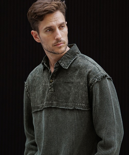 SOMEDIFF(サムディフ)の「【SOMEDIFF】硫化染めポロニット メンズ ポロシャツ ニットセーター ヴィンテージ加工 デニム 春服(ニット/セーター・メンズ・ブラック/カーキ・M/L/XL)」の14枚目の写真