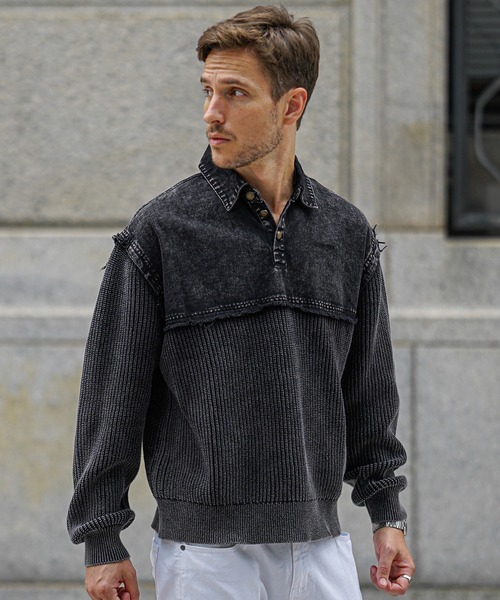 【超希少】Stone  ブラック長袖ニット襟付きポロシャツ 超希少】Stone Island ブラック長袖ニット襟付きポロシャツ 【公式通販】