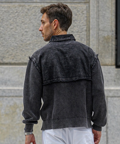 SOMEDIFF(サムディフ)の「【SOMEDIFF】硫化染めポロニット メンズ ポロシャツ ニットセーター ヴィンテージ加工 デニム 春服(ニット/セーター・メンズ・ブラック/カーキ・M/L/XL)」の19枚目の写真