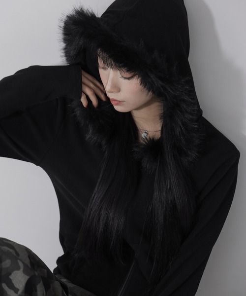me+em select（ミームセレクト）の「【 ３color 】ファーフードジップアップパーカー ／ fur zipup hoodie（パーカー・レディース・ブラック/グレー/ホワイト・FREE）」の15枚目の写真