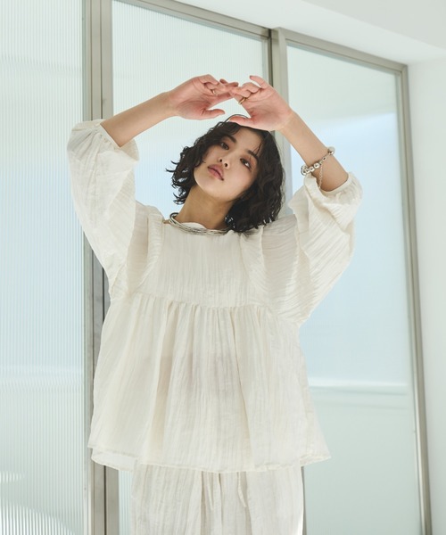 さとめさん　エンフォルド　シワ加工　ストライプブラウス　Tシャツ　セット シアーショートストライプシャツ｜シャツ・ブラウス - etoll.