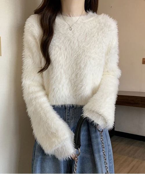 gossip!ロサンゼルス(ゴシップロサンゼルス)の「フェザーヤーンバルーンフリンジシンプルカジュアルニットプルオーバー(ニット/セーター・レディース・ブラック/ホワイト/ライトグレー/ライトグリーン/ピンク・FREE)」の2枚目の写真
