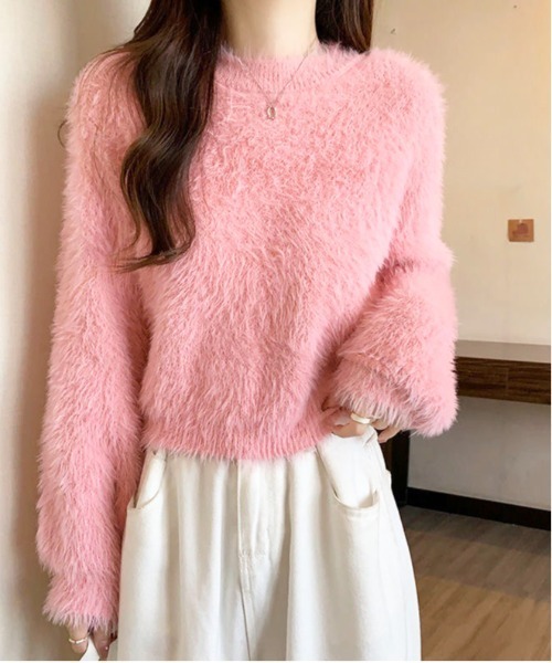 gossip!ロサンゼルス(ゴシップロサンゼルス)の「フェザーヤーンバルーンフリンジシンプルカジュアルニットプルオーバー(ニット/セーター・レディース・ブラック/ホワイト/ライトグレー/ライトグリーン/ピンク・FREE)」の5枚目の写真