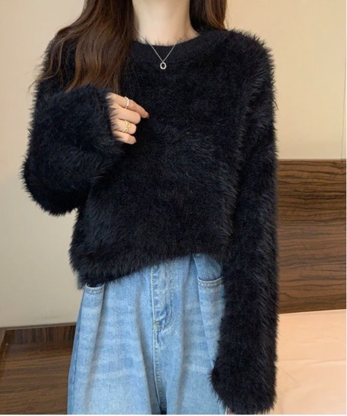 gossip!ロサンゼルス(ゴシップロサンゼルス)の「フェザーヤーンバルーンフリンジシンプルカジュアルニットプルオーバー(ニット/セーター・レディース・ブラック/ホワイト/ライトグレー/ライトグリーン/ピンク・FREE)」の1枚目の写真