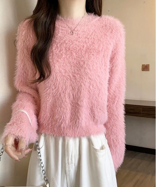 gossip!ロサンゼルス(ゴシップロサンゼルス)の「フェザーヤーンバルーンフリンジシンプルカジュアルニットプルオーバー(ニット/セーター・レディース・ブラック/ホワイト/ライトグレー/ライトグリーン/ピンク・FREE)」の12枚目の写真