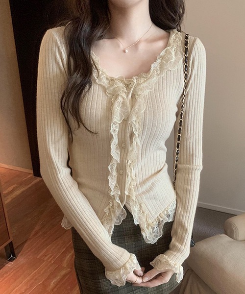 Lace Ladies（レースレディース）の「レース フリル リブ ニットカーディガン（カーディガン/ボレロ・レディース・ベージュ/ブラック/アイボリー・FREE）」の3枚目の写真
