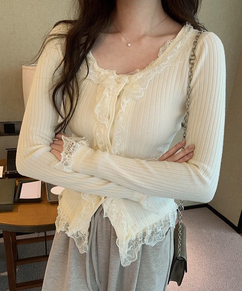 Lace Ladies（レースレディース）の「レース フリル リブ ニットカーディガン（カーディガン/ボレロ・レディース・ベージュ/ブラック/アイボリー・FREE）」の2枚目の写真