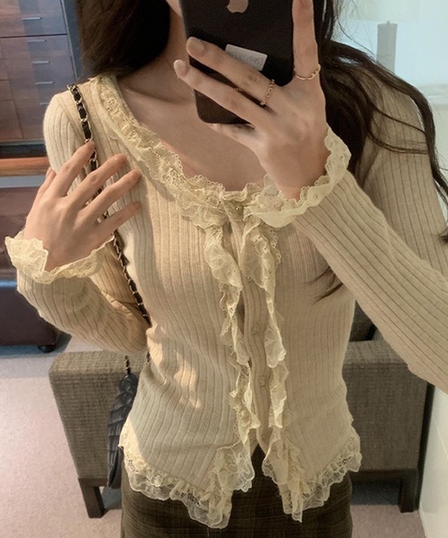 Lace Ladies（レースレディース）の「レース フリル リブ ニットカーディガン（カーディガン/ボレロ・レディース・ベージュ/ブラック/アイボリー・FREE）」の5枚目の写真