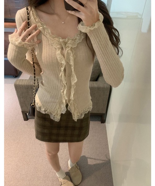 Lace Ladies（レースレディース）の「レース フリル リブ ニットカーディガン（カーディガン/ボレロ・レディース・ベージュ/ブラック/アイボリー・FREE）」の8枚目の写真