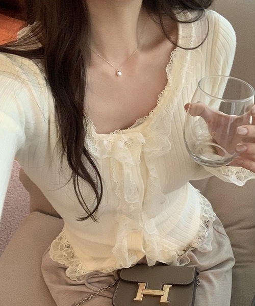 Lace Ladies（レースレディース）の「レース フリル リブ ニットカーディガン（カーディガン/ボレロ・レディース・ベージュ/ブラック/アイボリー・FREE）」の10枚目の写真