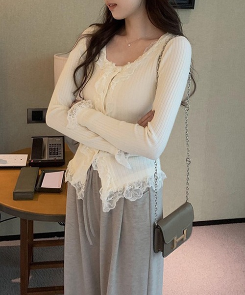 Lace Ladies（レースレディース）の「レース フリル リブ ニットカーディガン（カーディガン/ボレロ・レディース・ベージュ/ブラック/アイボリー・FREE）」の12枚目の写真
