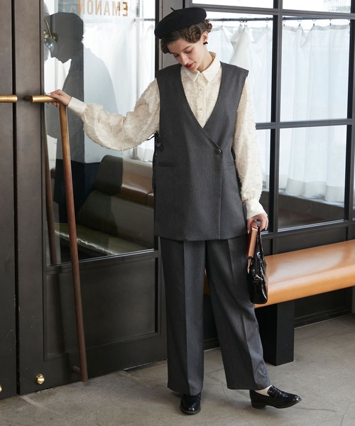 BONLECILL noir（ボンルシールノワール）の「【BONLECILL noir】サイドリボンノーカラーベスト＆センタープレススラックス（パンツドレス・レディース・チャコールグレー/ベージュ/ネイビー/ブラック・M-L/S-M/S/M/L）」の9枚目の写真