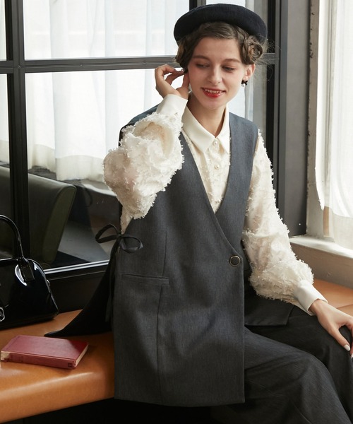 BONLECILL noir（ボンルシールノワール）の「【BONLECILL noir】サイドリボンノーカラーベスト＆センタープレススラックス（パンツドレス・レディース・チャコールグレー/ベージュ/ネイビー/ブラック・M-L/S-M/S/M/L）」の15枚目の写真