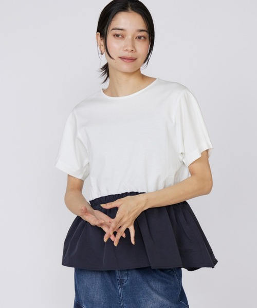 INED（イネド）の「スーピマコットン ドッキングペプラムカットソー（Tシャツ/カットソー・レディース・ホワイト/ネイビー/オフホワイト/サックスブルー・9号/11号）」の3枚目の写真