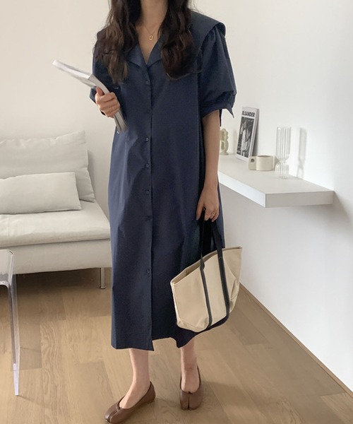 Kuroba(クロバ)の「ビッグセーラーカラー半袖ロングシャツワンピース(シャツワンピース・レディース・ネイビー/ブルー/オフホワイト・FREE)」の2枚目の写真