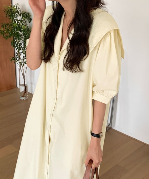Kuroba(クロバ)の「ビッグセーラーカラー半袖ロングシャツワンピース(シャツワンピース・レディース・ネイビー/ブルー/オフホワイト・FREE)」の1枚目の写真