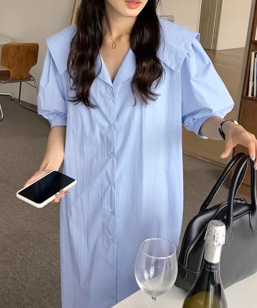 Kuroba(クロバ)の「ビッグセーラーカラー半袖ロングシャツワンピース(シャツワンピース・レディース・ネイビー/ブルー/オフホワイト・FREE)」の3枚目の写真