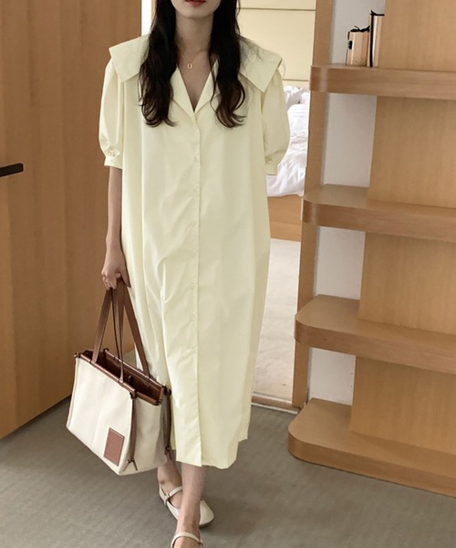 Kuroba(クロバ)の「ビッグセーラーカラー半袖ロングシャツワンピース(シャツワンピース・レディース・ネイビー/ブルー/オフホワイト・FREE)」の6枚目の写真