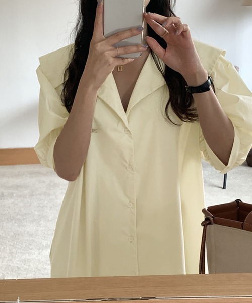 Kuroba(クロバ)の「ビッグセーラーカラー半袖ロングシャツワンピース(シャツワンピース・レディース・ネイビー/ブルー/オフホワイト・FREE)」の8枚目の写真