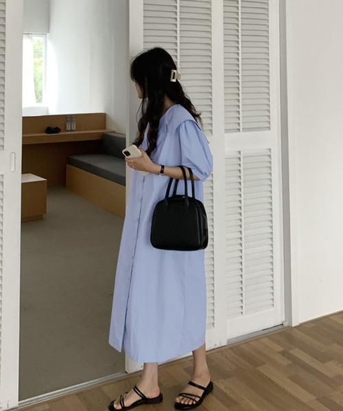 Kuroba(クロバ)の「ビッグセーラーカラー半袖ロングシャツワンピース(シャツワンピース・レディース・ネイビー/ブルー/オフホワイト・FREE)」の9枚目の写真
